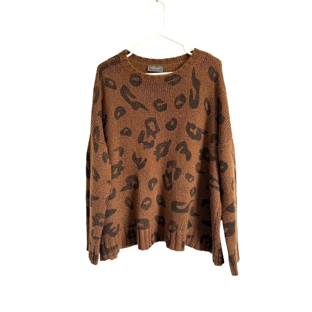 Wooden Ships Leopard Print Crew Neck Sweater Oversized Wool Blend Brown S/M